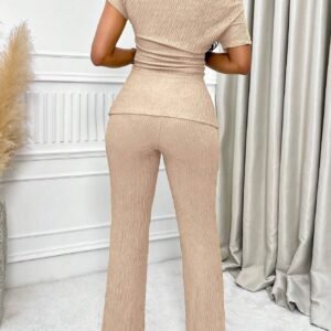 Neck Split Hem Ruched Top & Flare Leg Pants