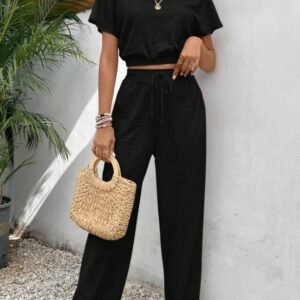 Women's Pants Set Loose Texture Solid Color Casual Two Piece Suit Earthy Clothes