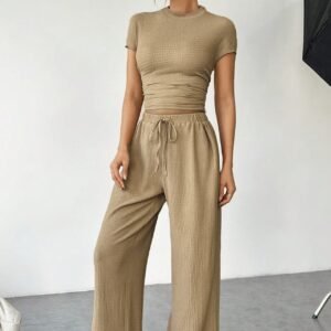 Women's Solid Color Short Sleeved T-shirt High Neck Top Loose Casual Pants Set