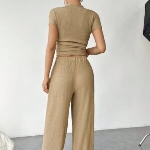 Women's Solid Color Short Sleeved T-shirt High Neck Top Loose Casual Pants Set