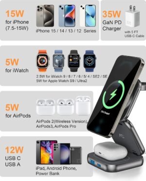 A Magnetic - Compatible Wireless Charger That Is Multifunctional, Portable, Foldable, Magnetic - Stand - Type, And Suitable For Apple Products With Adapter