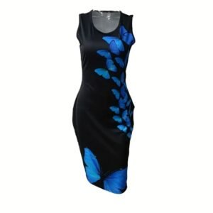 129d19b9-5198-40d9-9b0b-d25d8452fb61.jpg Ladies' Round Neck Butterfly Print Slimming Dress