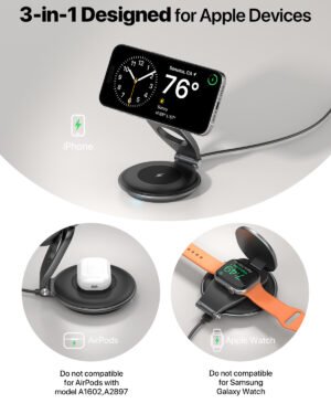 3-in-1 Wireless MagSafe Travel Charger Station - Foldable 30W Magnetic Charger for Multiple Devices