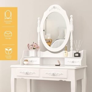Vanity Table Set With 4 Drawer, Makeup Dressing Table W  Cushioned Stool, Girls Women Bedroom Furniture Set Oval Mirror