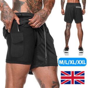 Mens Sports Running Shorts Gym Training Fitness Bottoms Double Layer With Pocket