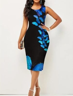 63b1310b-a30b-4ae9-92e0-cf14a38b389b.jpg Ladies' Round Neck Butterfly Print Slimming Dress