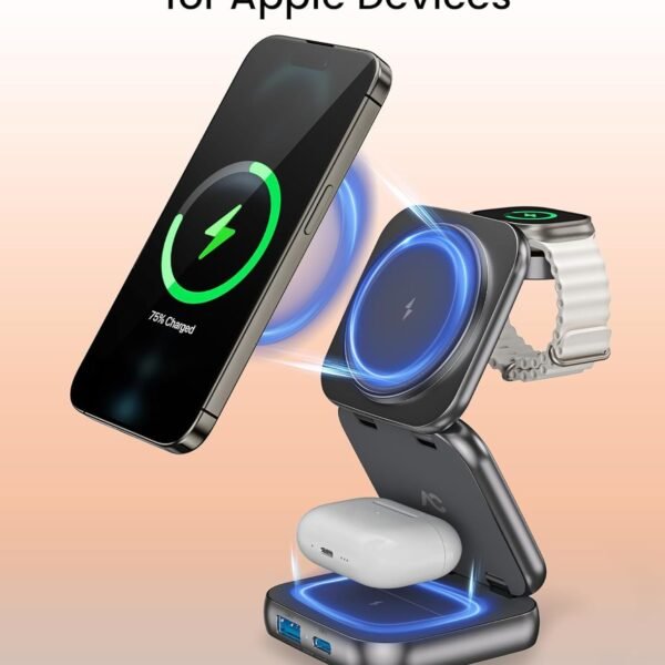 A Magnetic - Compatible Wireless Charger That Is Multifunctional, Portable, Foldable, Magnetic - Stand - Type, And Suitable For Apple Products With Adapter