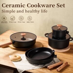 Ceramic Cookware Sets 15 Pcs, Healthy Pots And Pans Set Non Stick, Induction Kitchen Cooking Set With Removable Handles, Stackable Pots Pans, Oven Safe, PFOA,PFOS Free, Black
