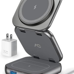 A Magnetic - Compatible Wireless Charger That Is Multifunctional, Portable, Foldable, Magnetic - Stand - Type, And Suitable For Apple Products With Adapter