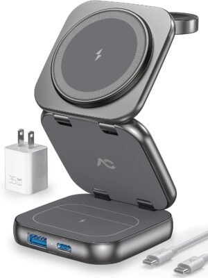A Magnetic - Compatible Wireless Charger That Is Multifunctional, Portable, Foldable, Magnetic - Stand - Type, And Suitable For Apple Products With Adapter