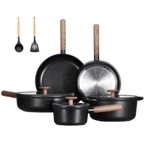 Ceramic Cookware Sets 15 Pcs, Healthy Pots And Pans Set Non Stick, Induction Kitchen Cooking Set With Removable Handles, Stackable Pots Pans, Oven Safe, PFOA,PFOS Free, Black