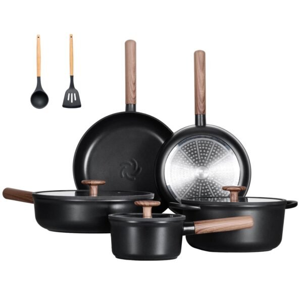 Ceramic Cookware Sets 15 Pcs, Healthy Pots And Pans Set Non Stick, Induction Kitchen Cooking Set With Removable Handles, Stackable Pots Pans, Oven Safe, PFOA,PFOS Free, Black