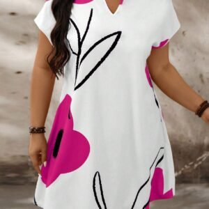 Plus Size Floral Print Notch Neck Batwing Sleeve Summer Dress