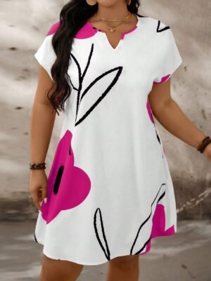 Plus Size Floral Print Notch Neck Batwing Sleeve Summer Dress