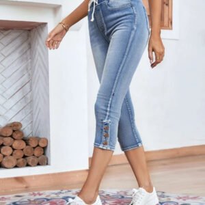 Elastic Waistband Lace-up Stretch Jeans For Women