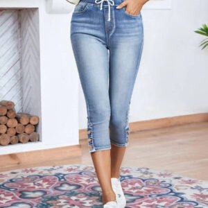 Elastic Waistband Lace-up Stretch Jeans For Women