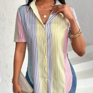 Contrast Color Striped Print Front Button Asymmetrical Hem Short Sleeve Shirt