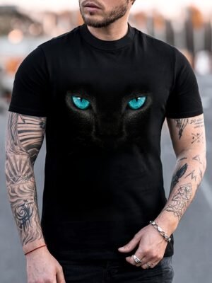 Men's Fashionable Color Blocked Short Sleeved Round Neck T-shirt, Summer Outdoor, 3D Heartbeat And Airplane Graphic Printing