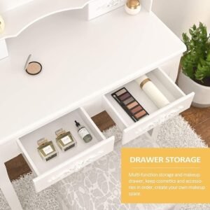 Vanity Table Set With 4 Drawer, Makeup Dressing Table W  Cushioned Stool, Girls Women Bedroom Furniture Set Oval Mirror