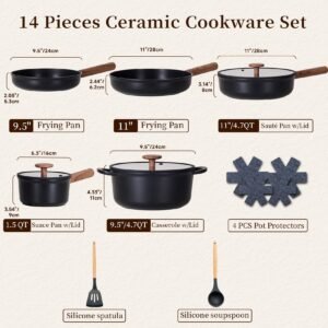 Ceramic Cookware Sets 15 Pcs, Healthy Pots And Pans Set Non Stick, Induction Kitchen Cooking Set With Removable Handles, Stackable Pots Pans, Oven Safe, PFOA,PFOS Free, Black