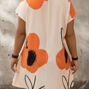 Plus Size Floral Print Notch Neck Batwing Sleeve Summer Dress