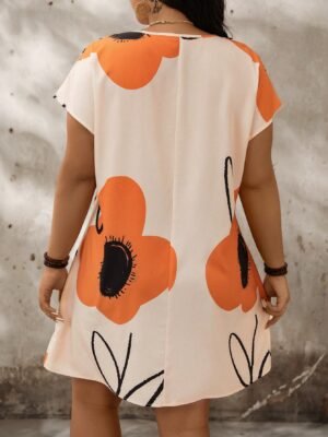 Plus Size Floral Print Notch Neck Batwing Sleeve Summer Dress