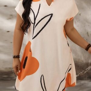 Plus Size Floral Print Notch Neck Batwing Sleeve Summer Dress