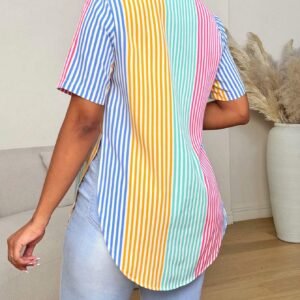 Contrast Color Striped Print Front Button Asymmetrical Hem Short Sleeve Shirt