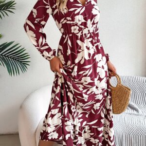 Leisure Flower Waist-controlled Long Sleeves Ruffled Dress