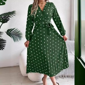 Elegant Contrast Color Polka Dot Cross V-neck Pleated Maxi Dress For Women