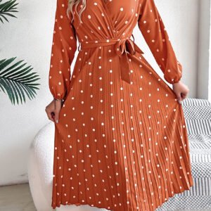 Elegant Contrast Color Polka Dot Cross V-neck Pleated Maxi Dress For Women