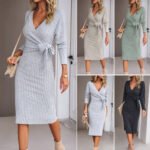 Autumn And Winter V-neck Long Sleeve Knitted Tied Dress