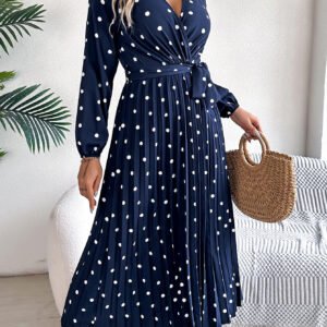 Elegant Contrast Color Polka Dot Cross V-neck Pleated Maxi Dress For Women