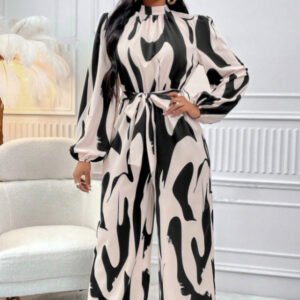 Elegant Ladies' Autumn Winter Cold Shoulder Jumpsuit with Lantern Sleeves - Fashionable Full Print Design