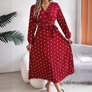 Elegant Contrast Color Polka Dot Cross V-neck Pleated Maxi Dress For Women
