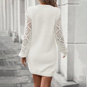 Elegant Women's V-Neck Knit Dress with Lace Cut-Outs - Perfect for Spring & Fall