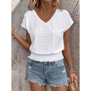 Stylish Women’s Summer Eyelet V-Neck Top - Casual Short Sleeve Smocked Blouse & Loose Tunic