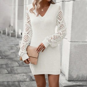 Elegant Women's V-Neck Knit Dress with Lace Cut-Outs - Perfect for Spring & Fall