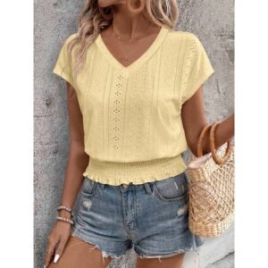 Stylish Women’s Summer Eyelet V-Neck Top - Casual Short Sleeve Smocked Blouse & Loose Tunic