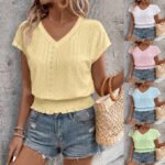 Stylish Women’s Summer Eyelet V-Neck Top - Casual Short Sleeve Smocked Blouse & Loose Tunic