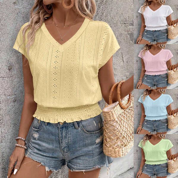 Stylish Women’s Summer Eyelet V-Neck Top - Casual Short Sleeve Smocked Blouse & Loose Tunic
