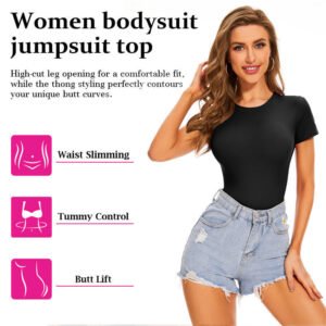 Women's Second-Skin Feel Crew Neck Bodysuit - Recycled Shapewear T-Shirt Tops with USA Warehouse Shipping