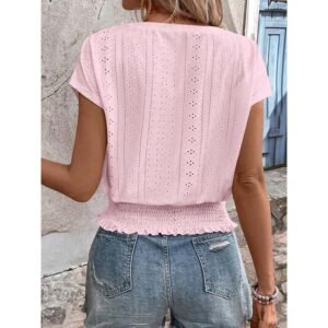Stylish Women’s Summer Eyelet V-Neck Top - Casual Short Sleeve Smocked Blouse & Loose Tunic