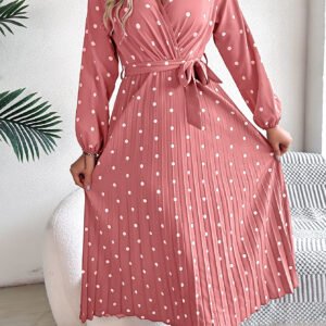 Elegant Contrast Color Polka Dot Cross V-neck Pleated Maxi Dress For Women