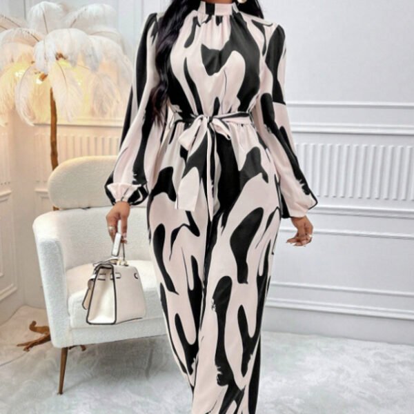 Elegant Ladies' Autumn Winter Cold Shoulder Jumpsuit with Lantern Sleeves - Fashionable Full Print Design