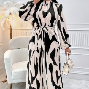 Elegant Ladies' Autumn Winter Cold Shoulder Jumpsuit with Lantern Sleeves - Fashionable Full Print Design