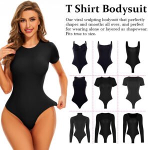 Women's Second-Skin Feel Crew Neck Bodysuit - Recycled Shapewear T-Shirt Tops with USA Warehouse Shipping