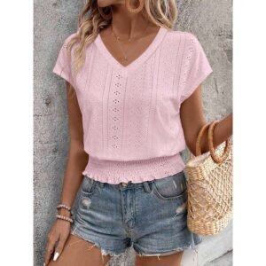 Stylish Women’s Summer Eyelet V-Neck Top - Casual Short Sleeve Smocked Blouse & Loose Tunic