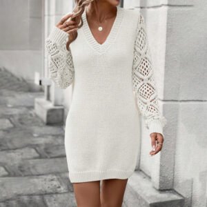 Elegant Women's V-Neck Knit Dress with Lace Cut-Outs - Perfect for Spring & Fall