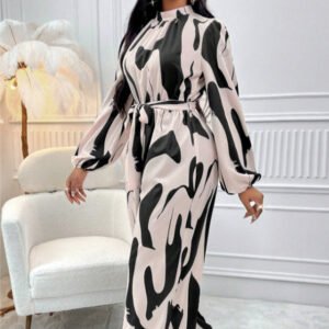 Elegant Ladies' Autumn Winter Cold Shoulder Jumpsuit with Lantern Sleeves - Fashionable Full Print Design